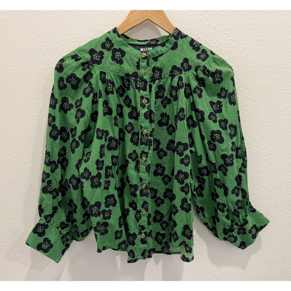 Anthropologie Maeve Femme Green Floral Button Down Blouse Women's Size XS